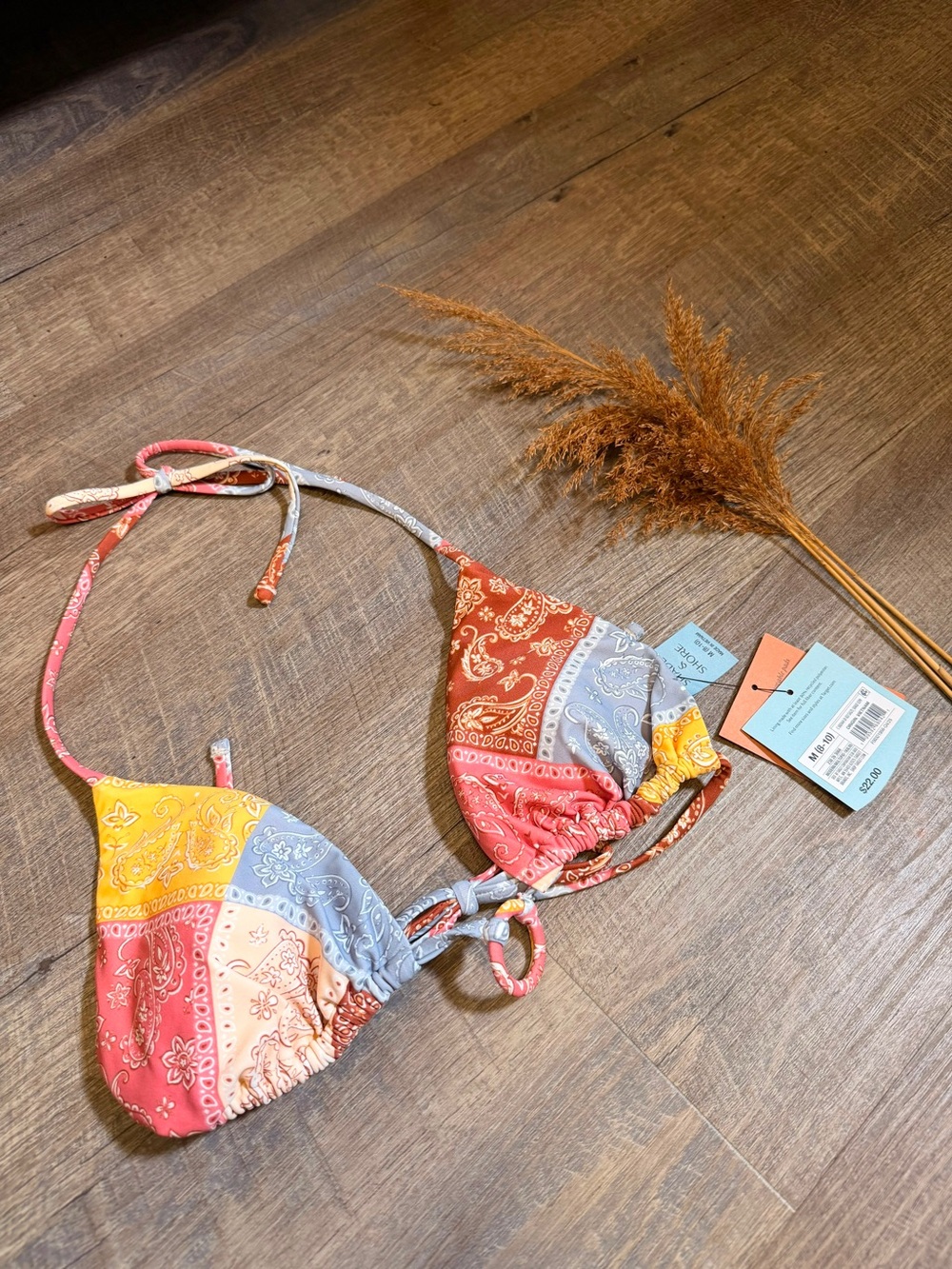 Shade & Shore Patchwork Bandana Triangle Bikini Top - Coral, Yellow, Blue, Peach